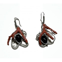 Earring coral and obsidian