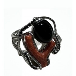 Coral and obsidian ring