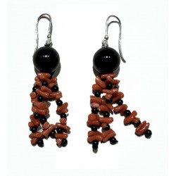 Coral and obsidian earring