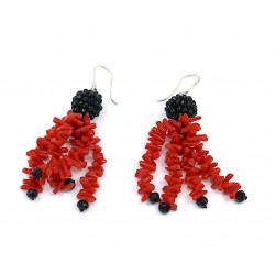 Coral and obsidian earring