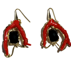 Orecchino corallo e ossidiana